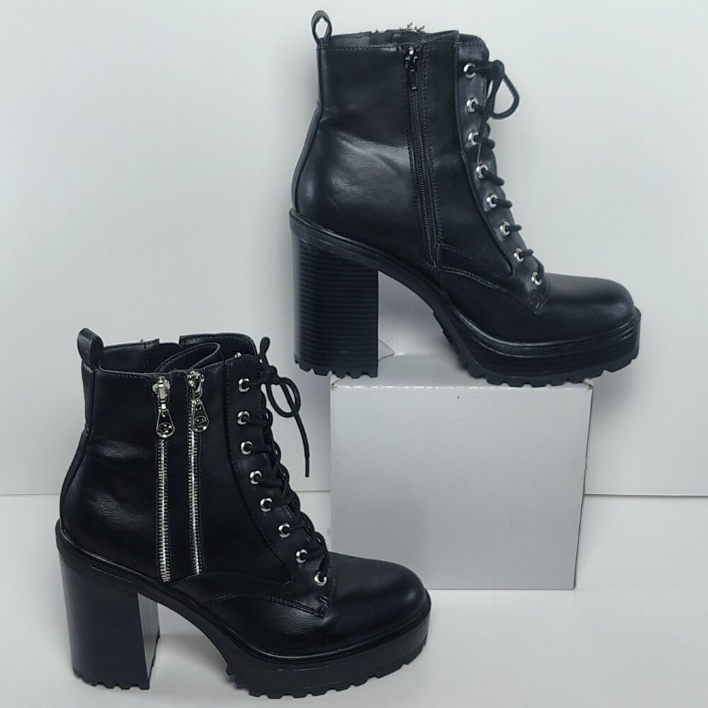 GBG Los Angeles Womens 10M Black Lace-Up Zip Up Chunky Heel Ankle Goth Boots